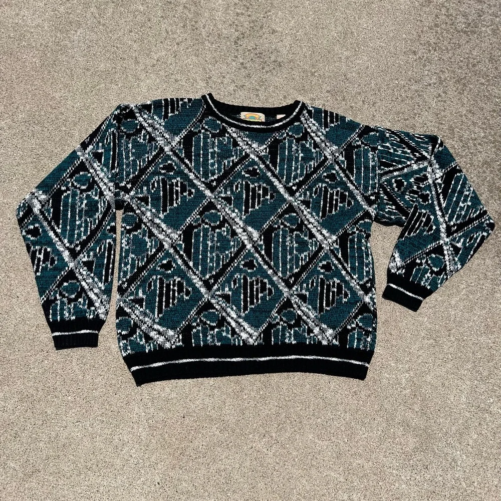 Brad Richards Sweater L Retro Geometric‎ Print Crewneck Knit Streetwear Vintage